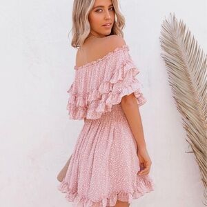 Pink Polka Dot Off The Shoulder Frill Trim Dress
